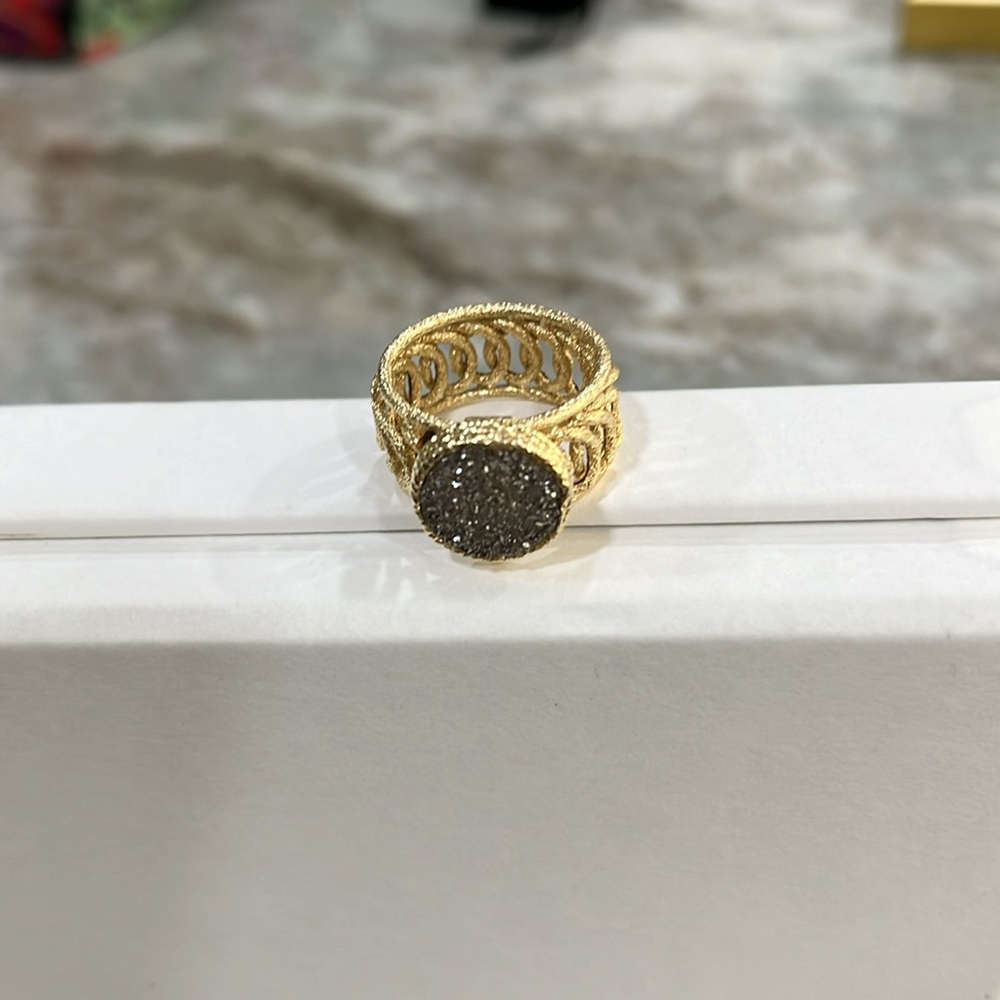 14K Yellow Gold Silver Grey Drusy wide band ring Milor Gold - Picture 4 of 4